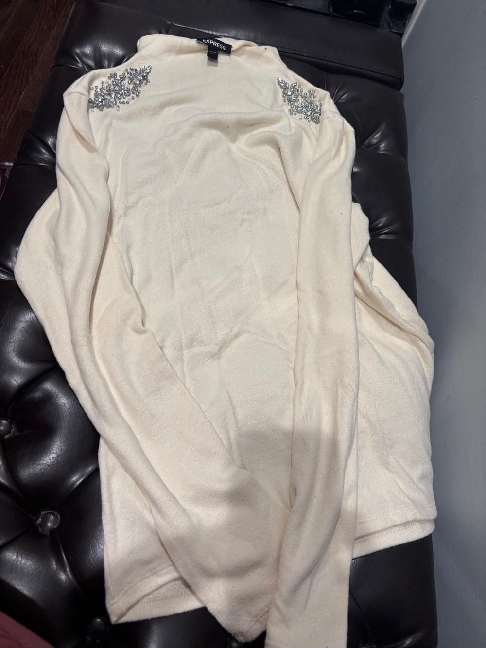 Express Cream Embellished Shoulder Knit Pullover
